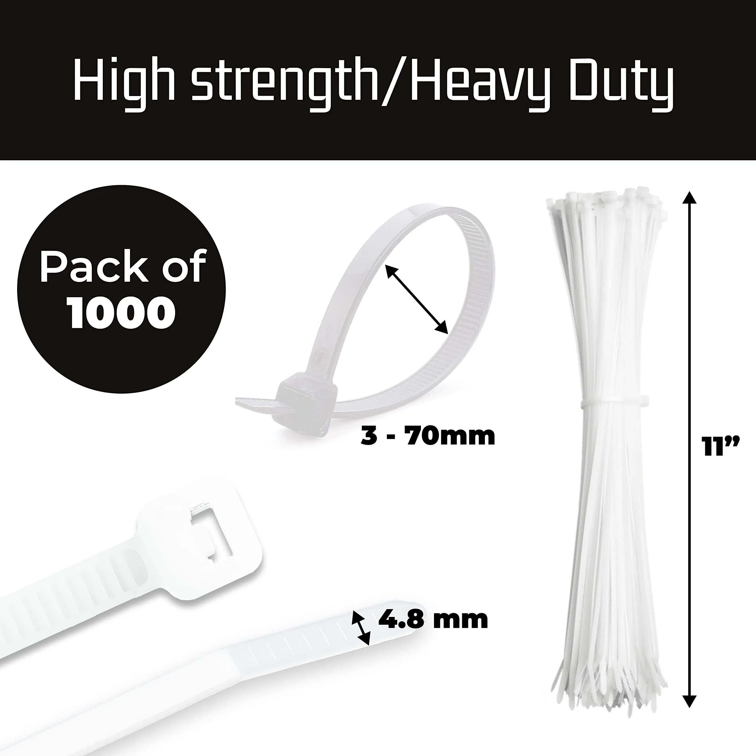 11" White Zip Cable Ties (1000 Pack), 50Lbs Tensile Strength - Heavy Duty, SelfLocking