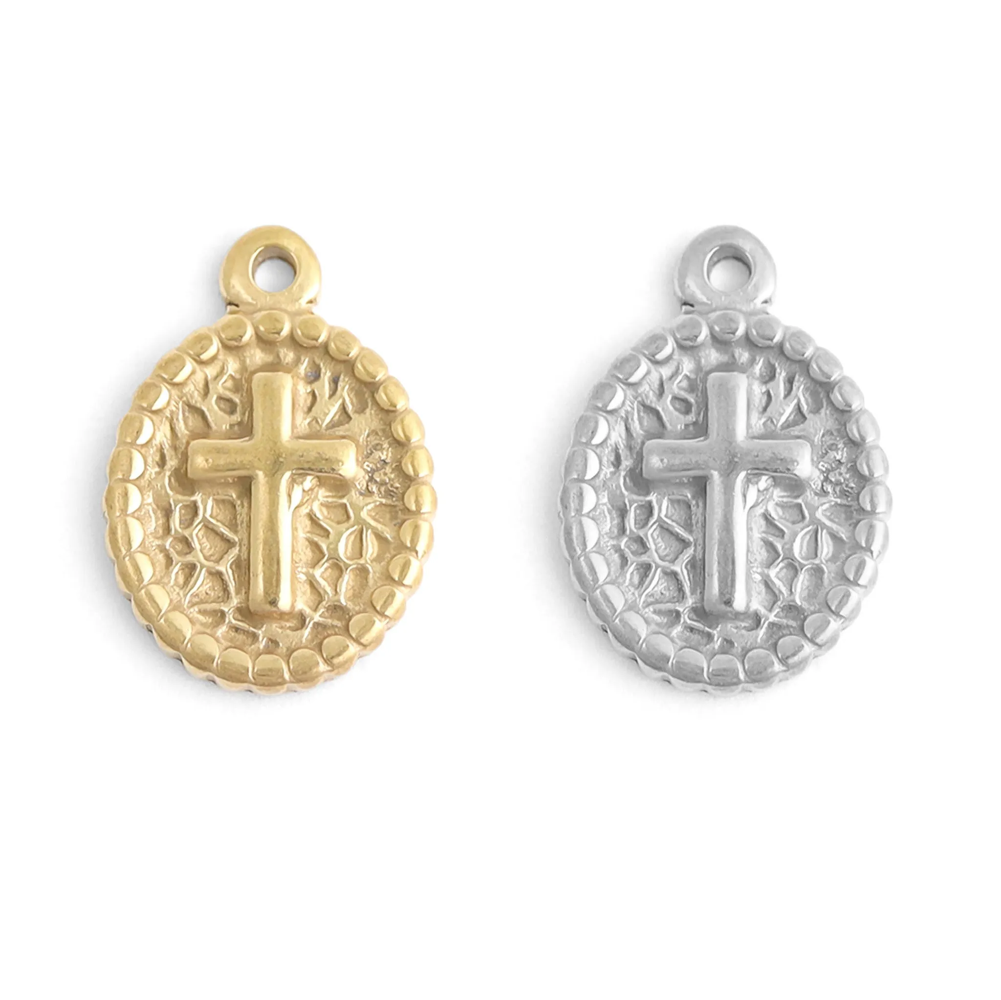 18K Gold PVD Stainless Steel Textured Medallion Cross Charm / PDL0115