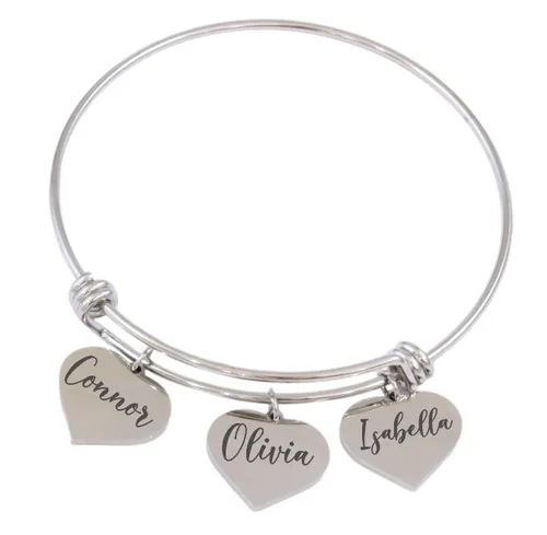 Adjustable Bangle with 3 Custom Engraved Heart Charms