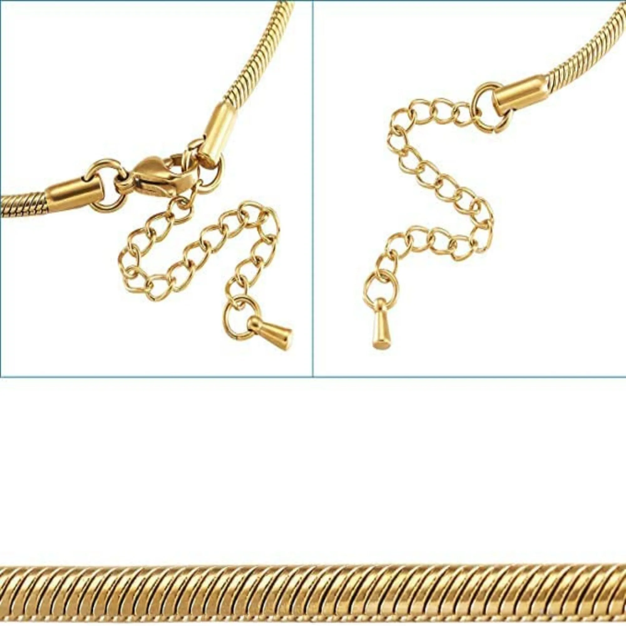 Adjustable Gold 3mm Steel Snake Chain Bead Charm Bracelet