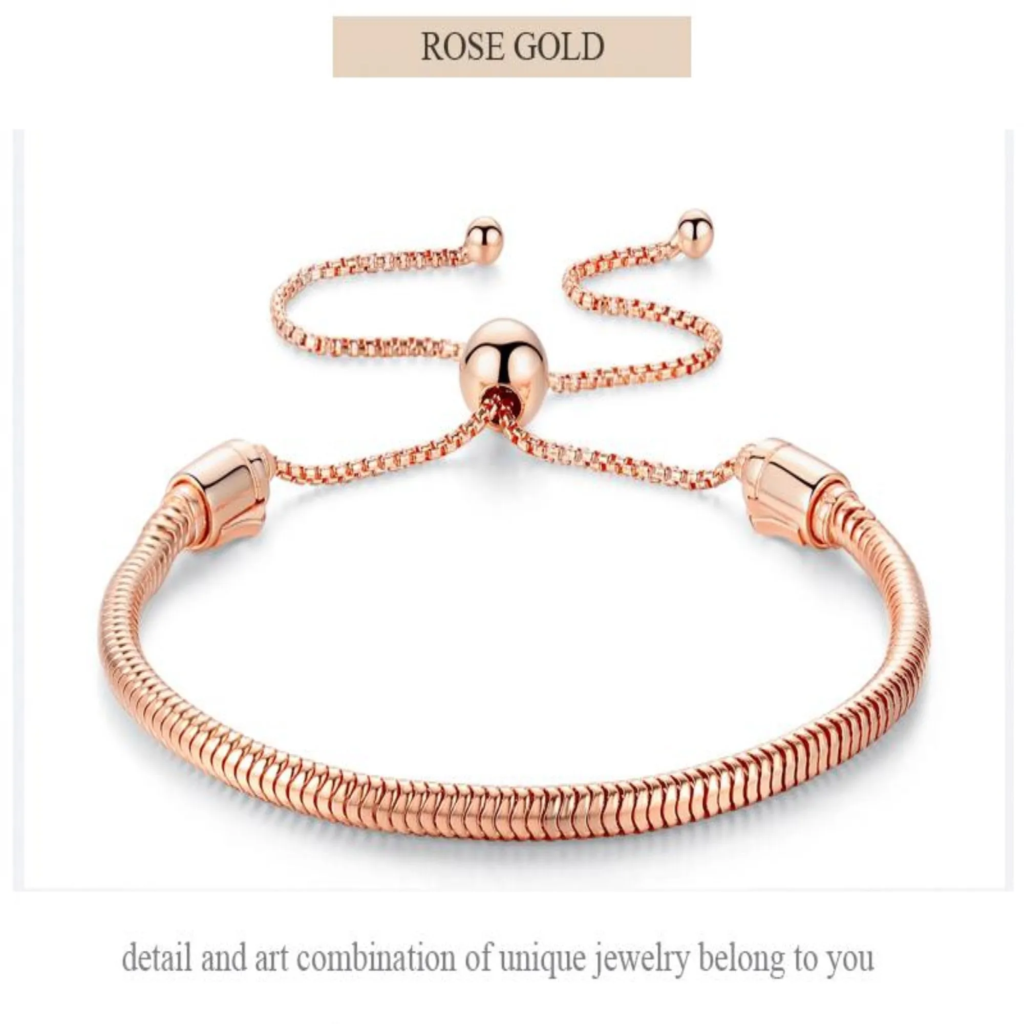 Adjustable Snake Chain Rose Gold over Bead Charm Bracelet