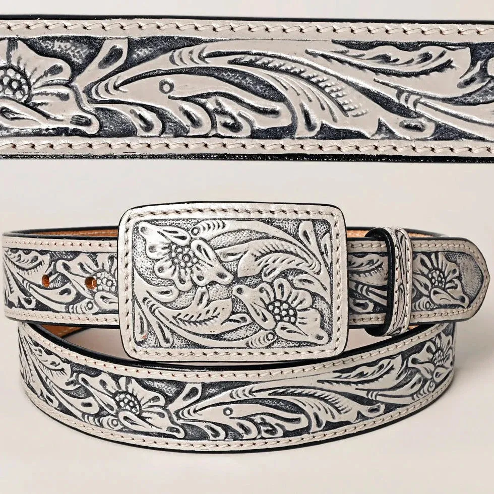 American Darling Western Floral Hand-Tooled Leather Belt in Pearl White