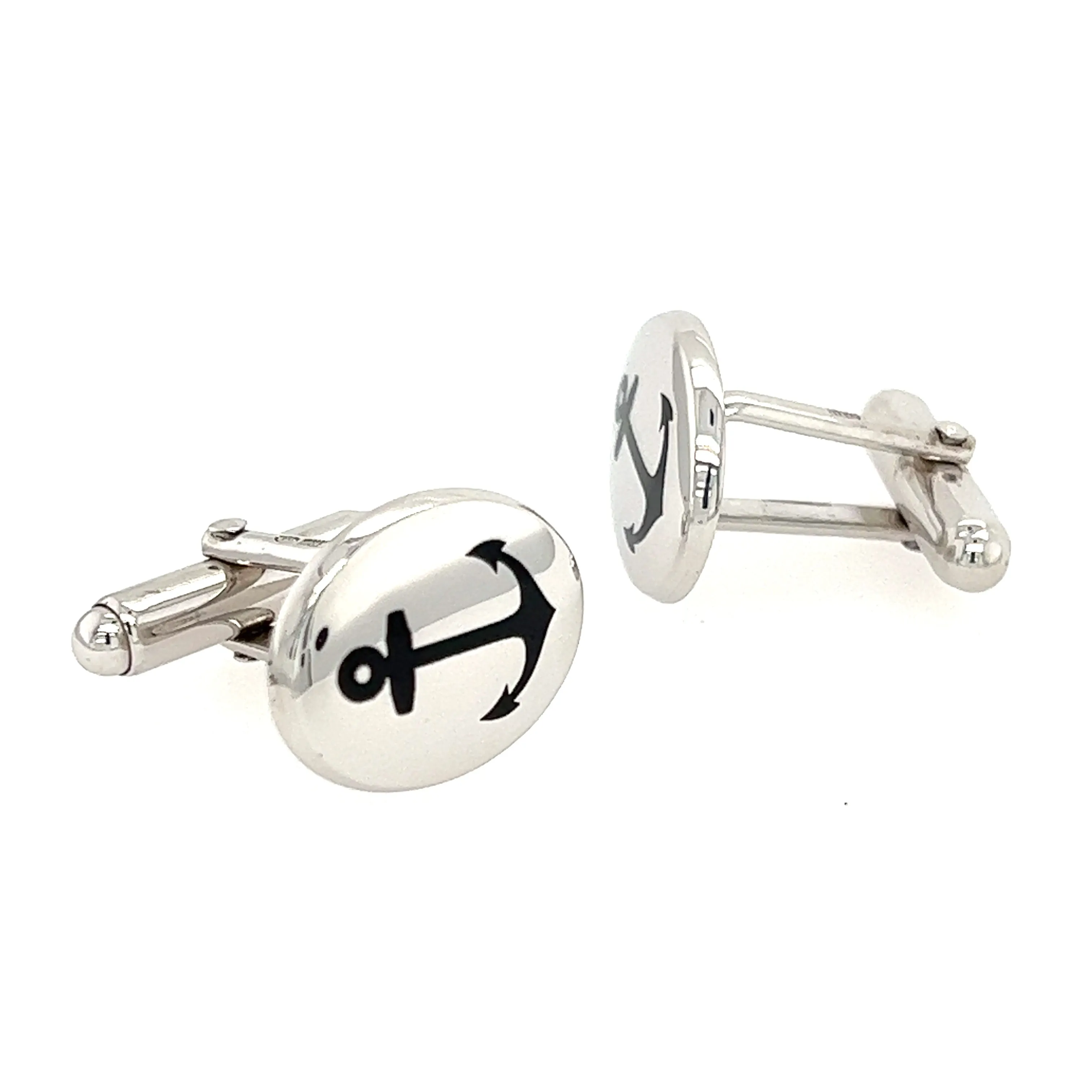 Anchor Cufflinks with Black Enamel in Sterling Silver