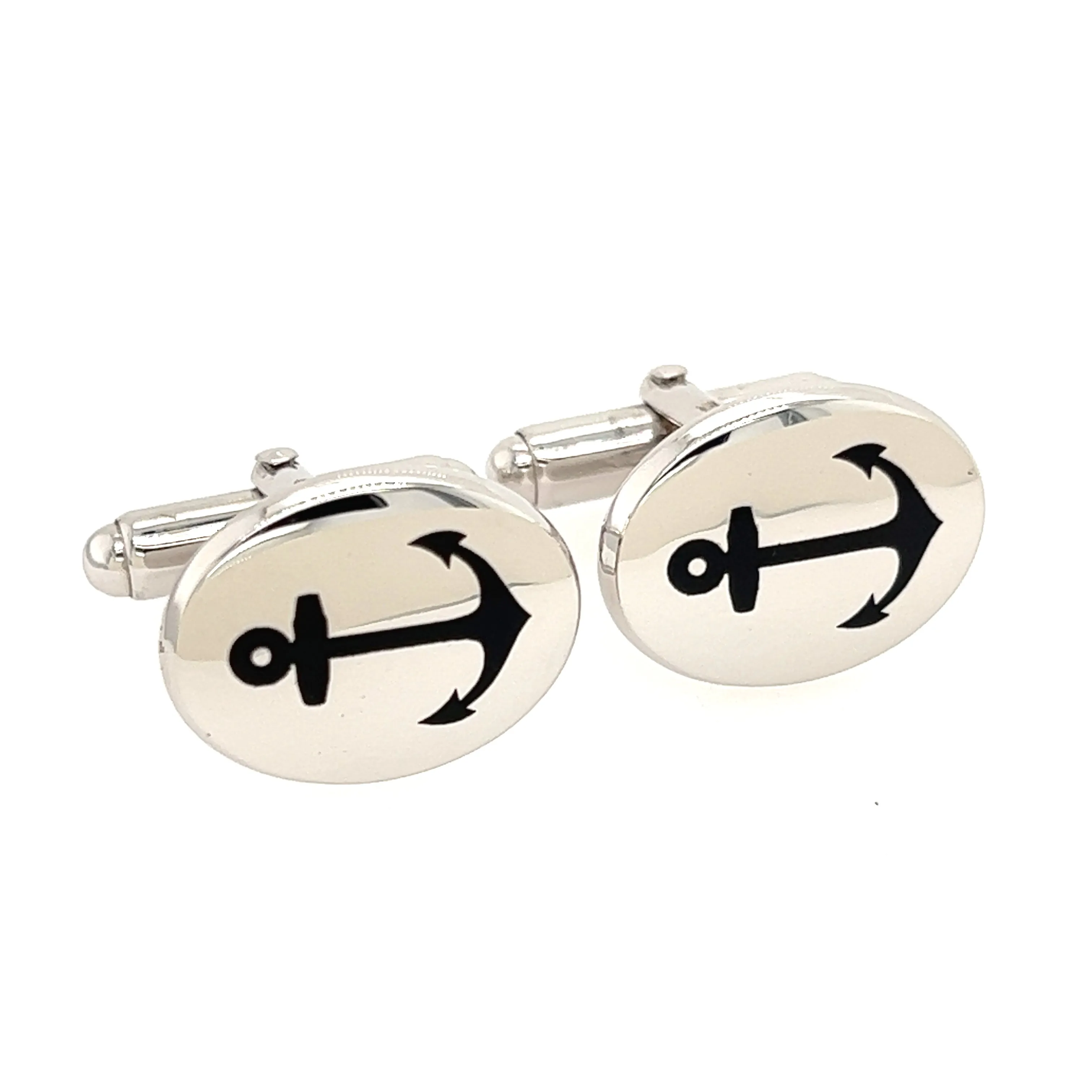 Anchor Cufflinks with Black Enamel in Sterling Silver