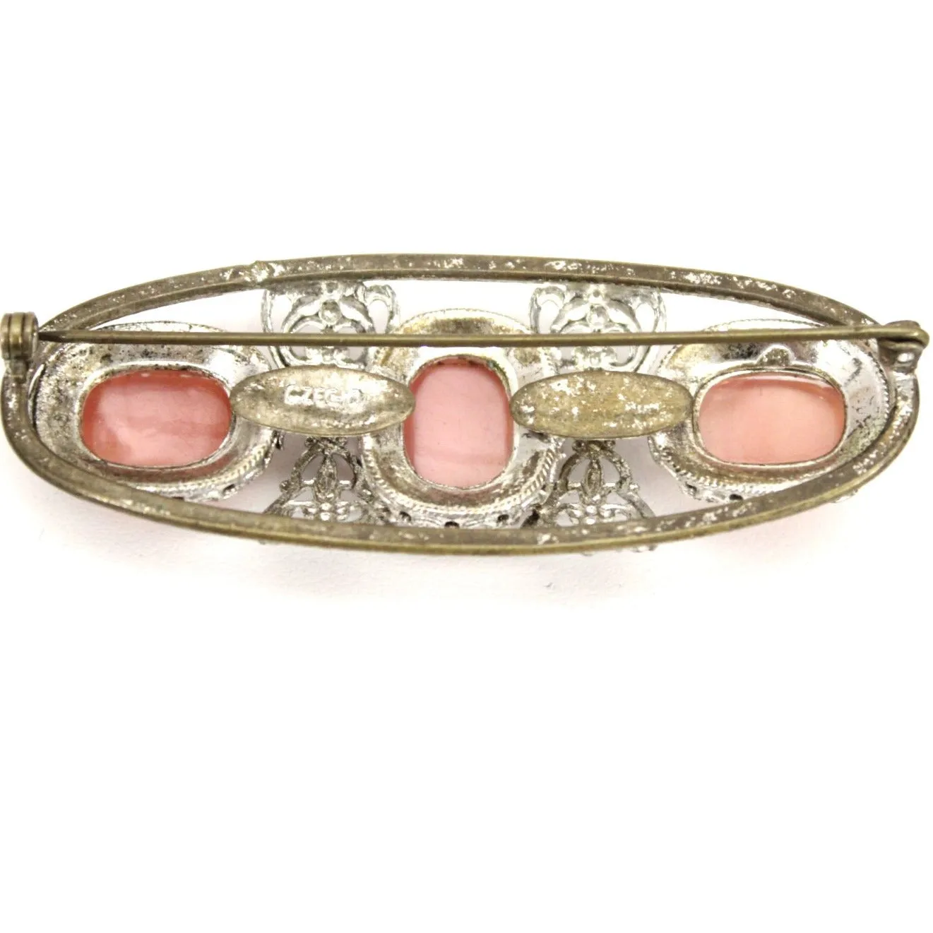 Antique Czech Brooch Pale Pink Opalescent Cabochons Metal Filigree Victorian  3"