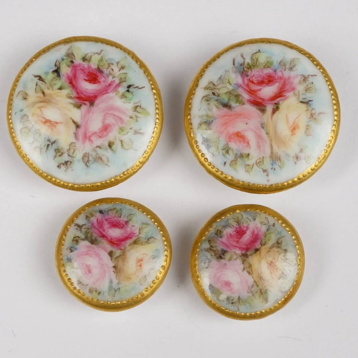 Hand-Painted Roses Limoges Porcelain Vintage Stud Buttons and Sash Buckle