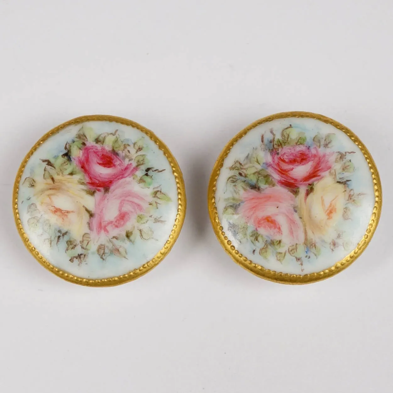 Hand-Painted Roses Limoges Porcelain Vintage Stud Buttons and Sash Buckle