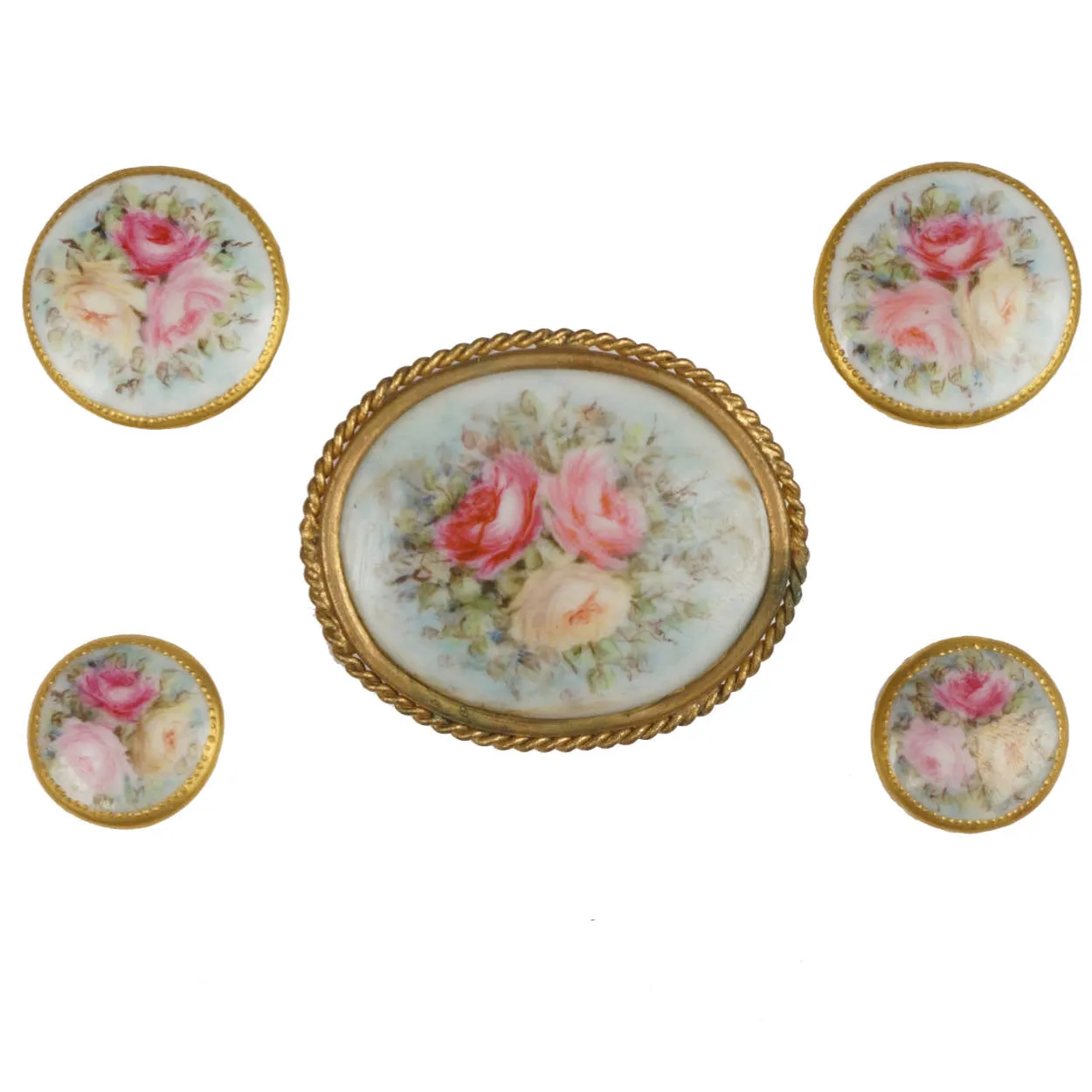 Hand-Painted Roses Limoges Porcelain Vintage Stud Buttons and Sash Buckle