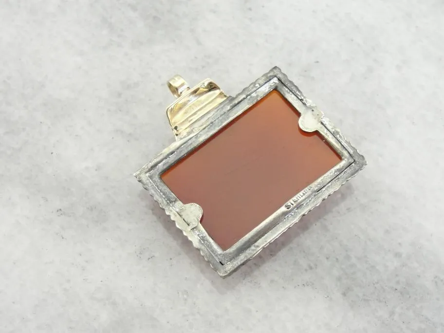 Antique Sterling and Carnelian Pendant with Decorative Gold Bail