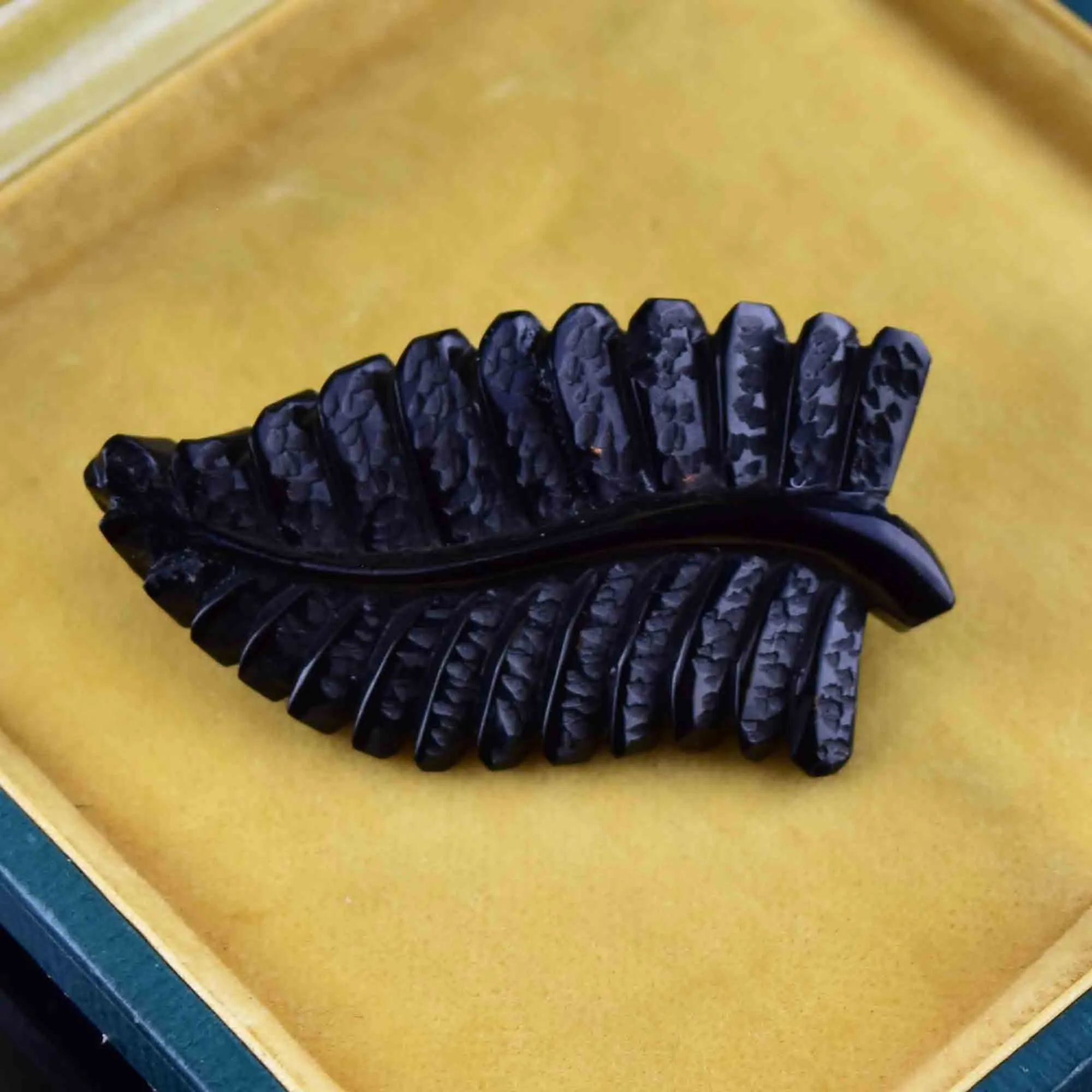 Antique Victorian Carved Whitby Jet Fern Leaf Brooch