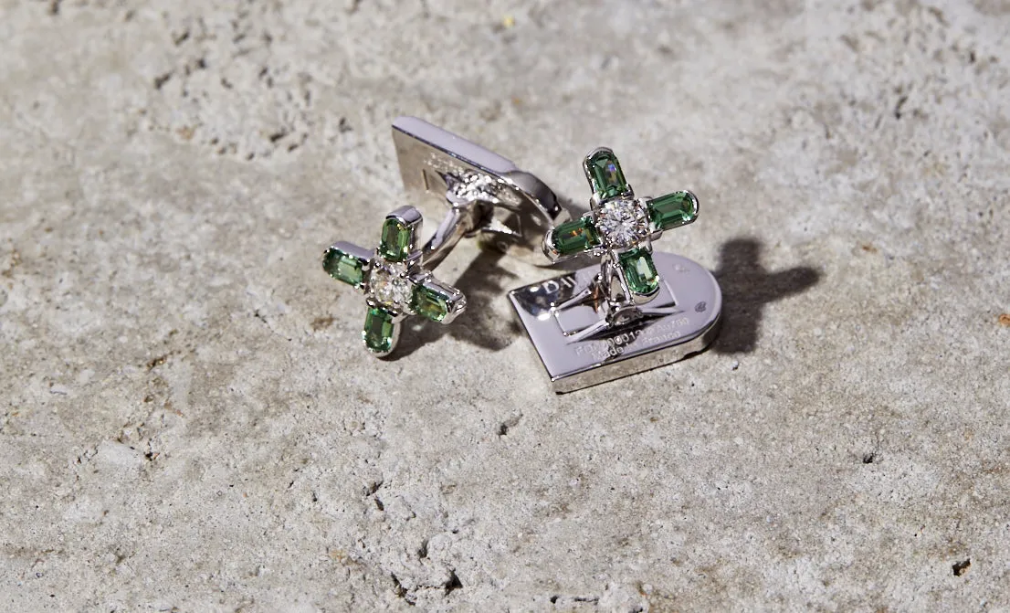 Arch Florale MM Cufflinks, 18k White Gold, Arch Cut Green Tourmaline and Brilliant Diamonds