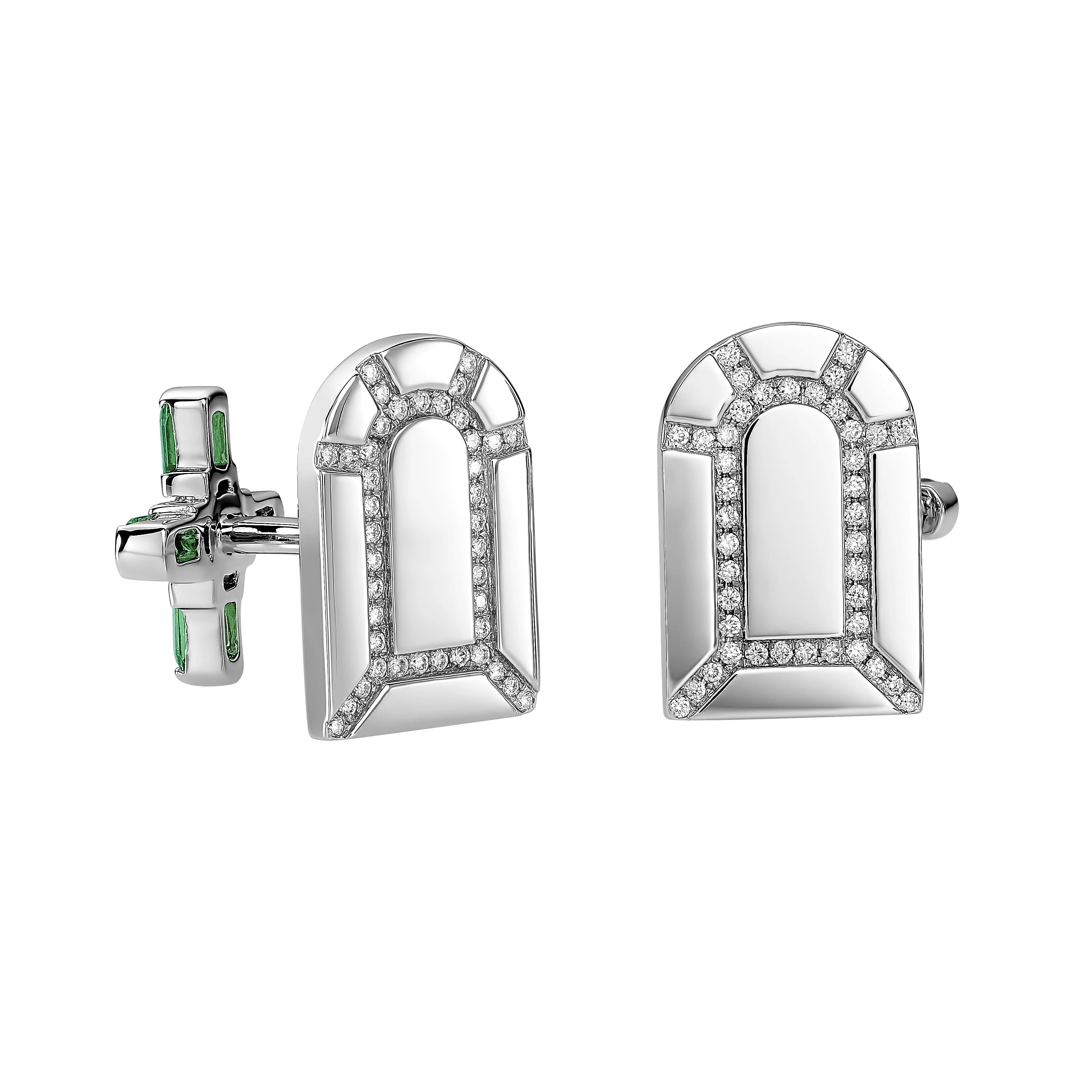 Arch Florale MM Cufflinks, 18k White Gold, Arch Cut Green Tourmaline and Brilliant Diamonds