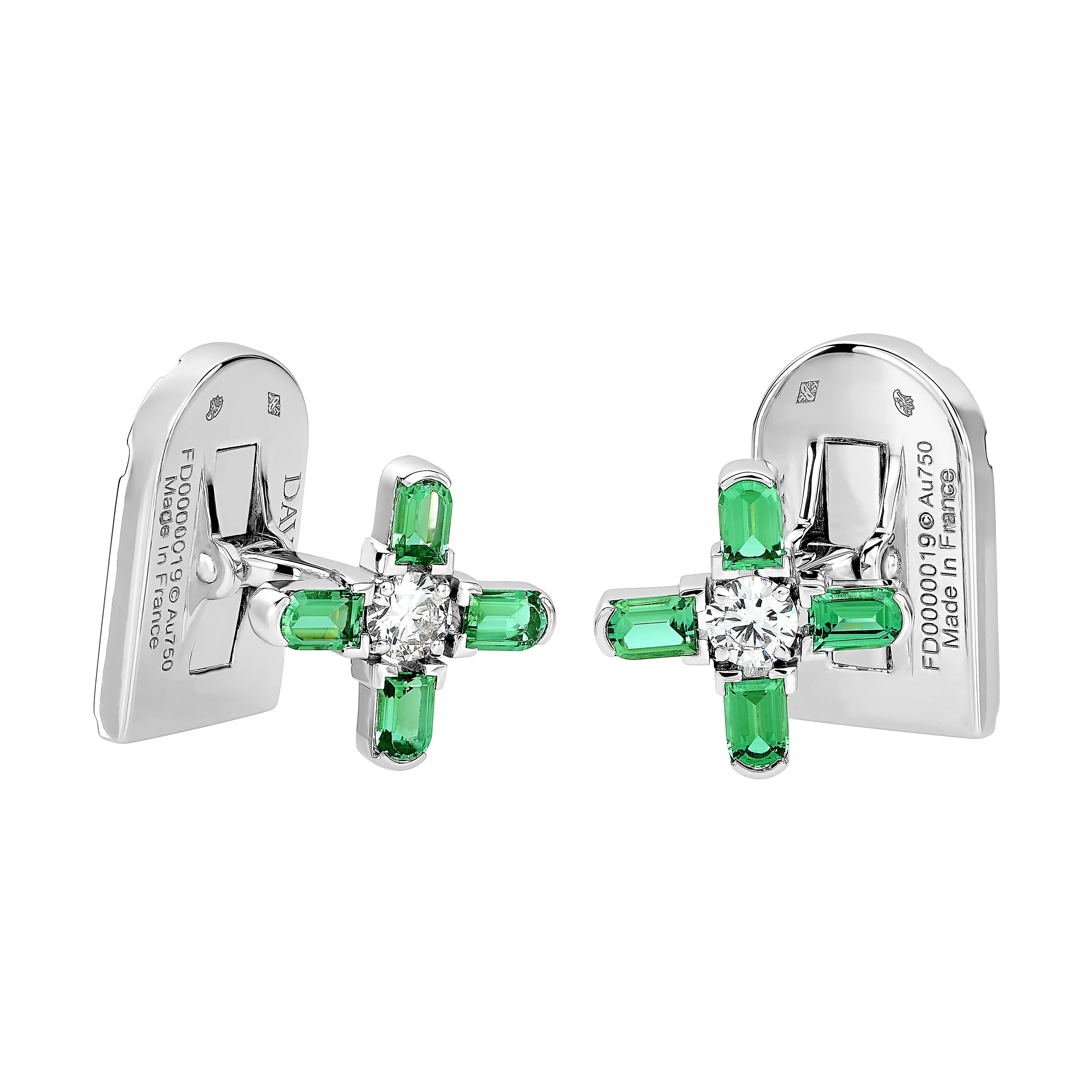 Arch Florale MM Cufflinks, 18k White Gold, Arch Cut Green Tourmaline and Brilliant Diamonds