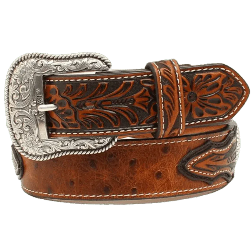 Ariat Men's Embossed Tabs & Silver Conchos Brown Imitation Ostrich Leather Belt