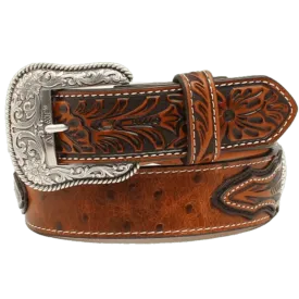 Ariat Men's Embossed Tabs & Silver Conchos Brown Imitation Ostrich Leather Belt