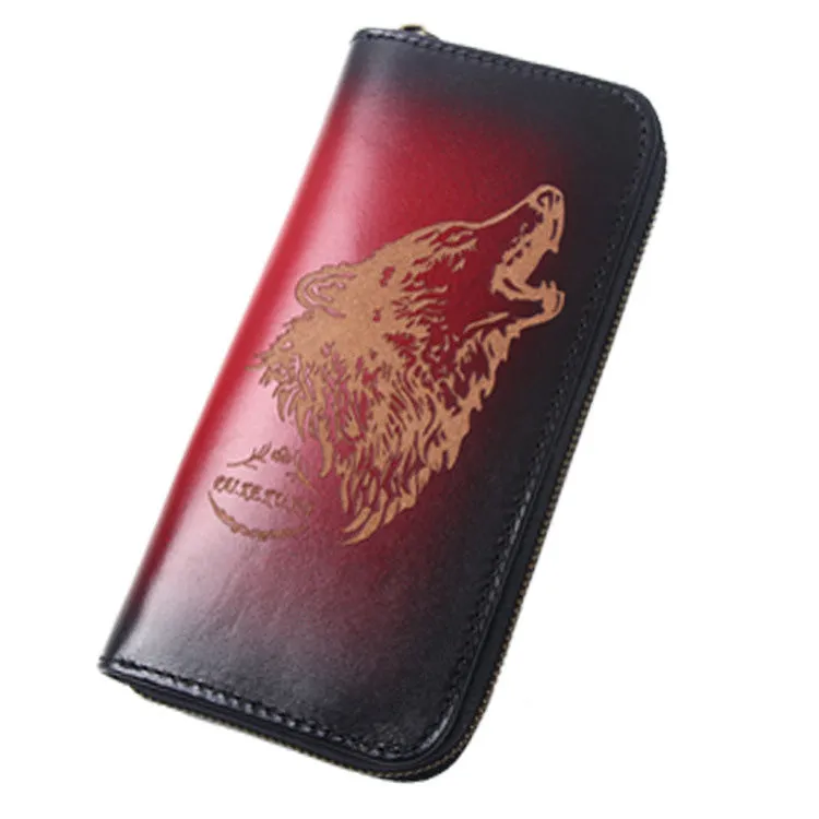 Around Zip Black Leather Long Wallet Mens Wolf Zipper Clutch Wallet for Men