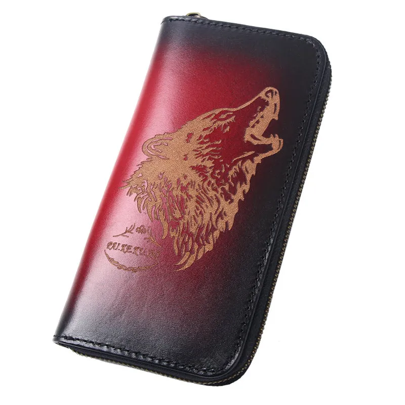 Around Zip Black Leather Long Wallet Mens Wolf Zipper Clutch Wallet for Men