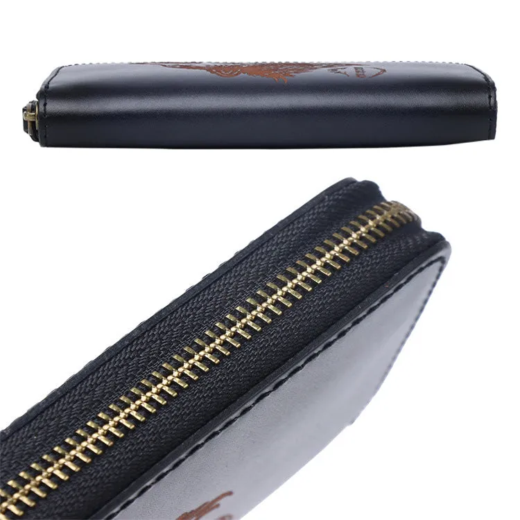 Around Zip Black Leather Long Wallet Mens Wolf Zipper Clutch Wallet for Men