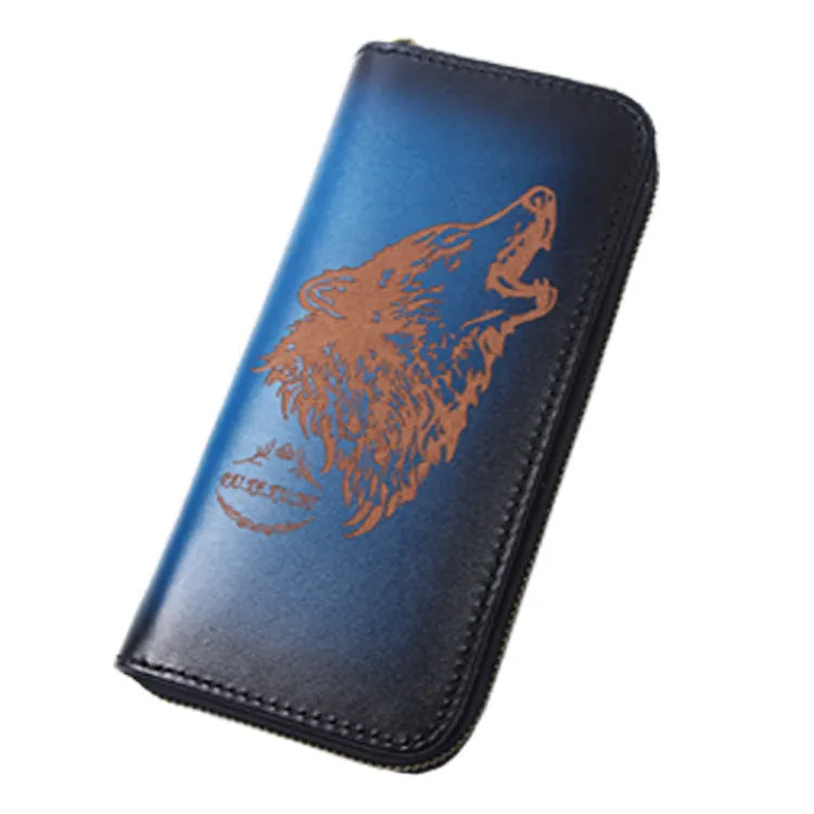 Around Zip Black Leather Long Wallet Mens Wolf Zipper Clutch Wallet for Men