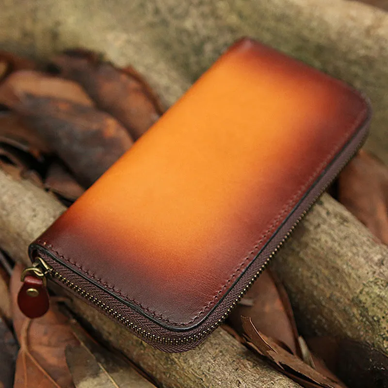 Around Zip Brown Leather Long Wallet Mens Minimalist Zipper Clutch Wallet for Men