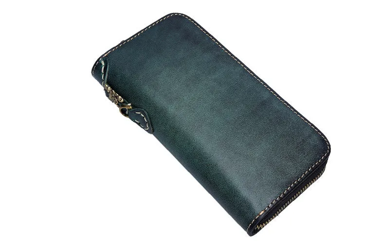 Around Zip Green Leather Biker Wallet Mens Minimalist Zipper Clutch Wallet for Men