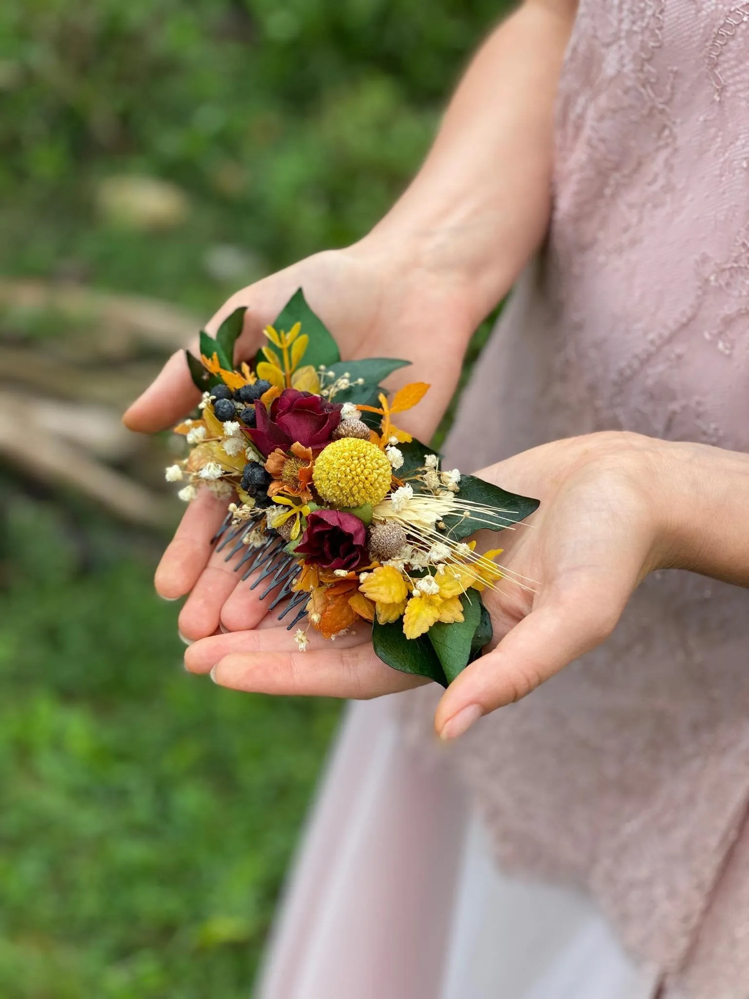 Autumn ochre burgundy wedding comb Orange bridal hair comb Ochre wedding hair comb Magaela accessories Hair comb for bride Fall wedding Handmade