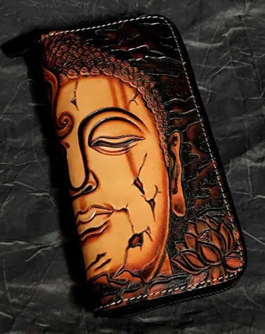 Badass Black Leather Men's Clutch Wallet Buddha Handmade Tooled Zipper Long Wallets For Men