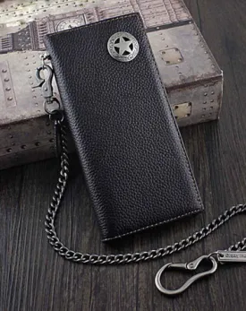 Badass Black Leather Men's Metal Star Long Biker Chain Wallet Bifold Long Wallet with Chain For Men