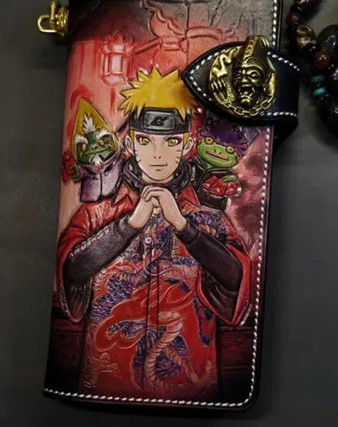 Badass Black Leather Men's Naruto Long Biker Wallet Handmade Tooled Zipper Long Wallets For Men