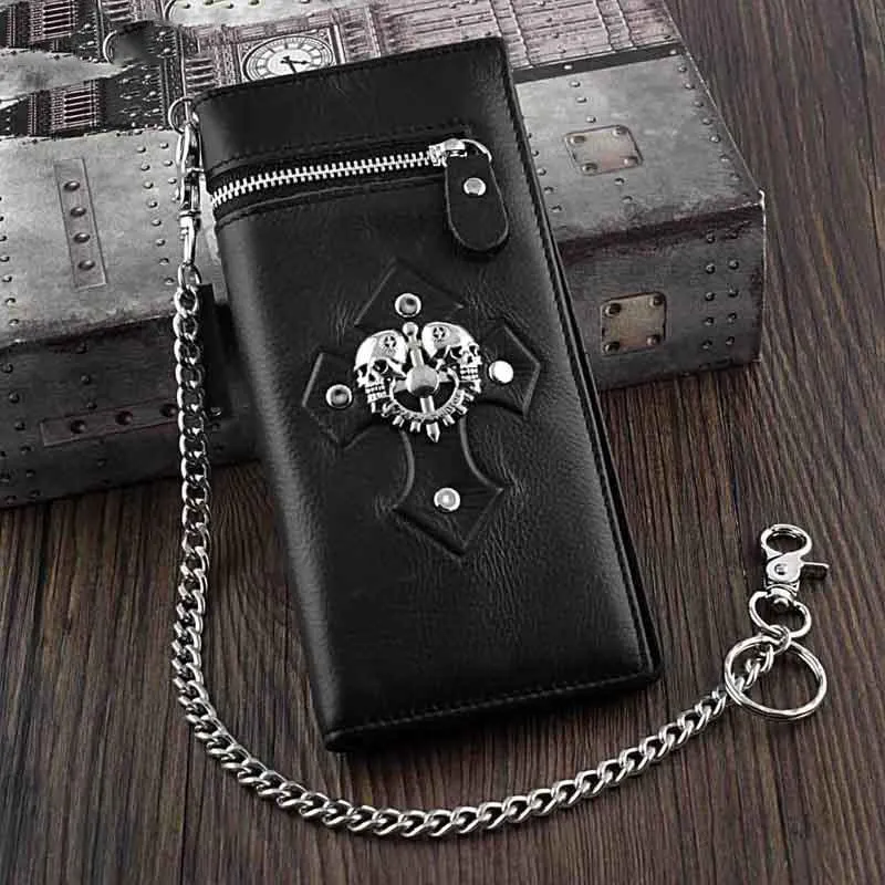 Badass Black Leather Men's Skull Long Biker Wallet Bifold Black Chain Long Wallets For Men