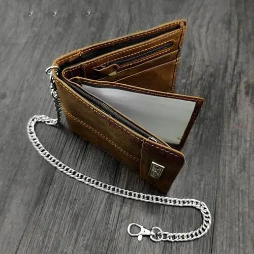 Badass Brown Leather Men's Bifold Small Biker Wallets Chain Wallet Brown Wallet with chain For Men