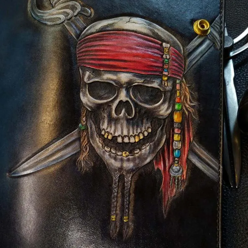 Badass Leather Men's Pirate Skull Long Biker Wallet Handmade Tooled Biker Chain Wallets For Men