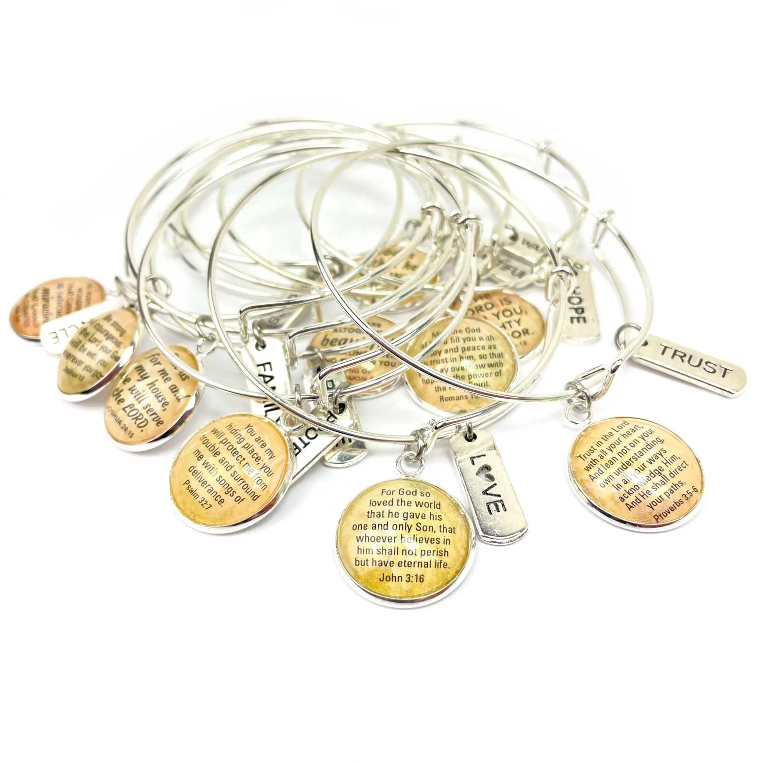 Beautiful, Believe, Blessed, Brave, Dream, Word Scripture Charm Bangle Bracelet - Christian Affirmations Jewelry, Silver