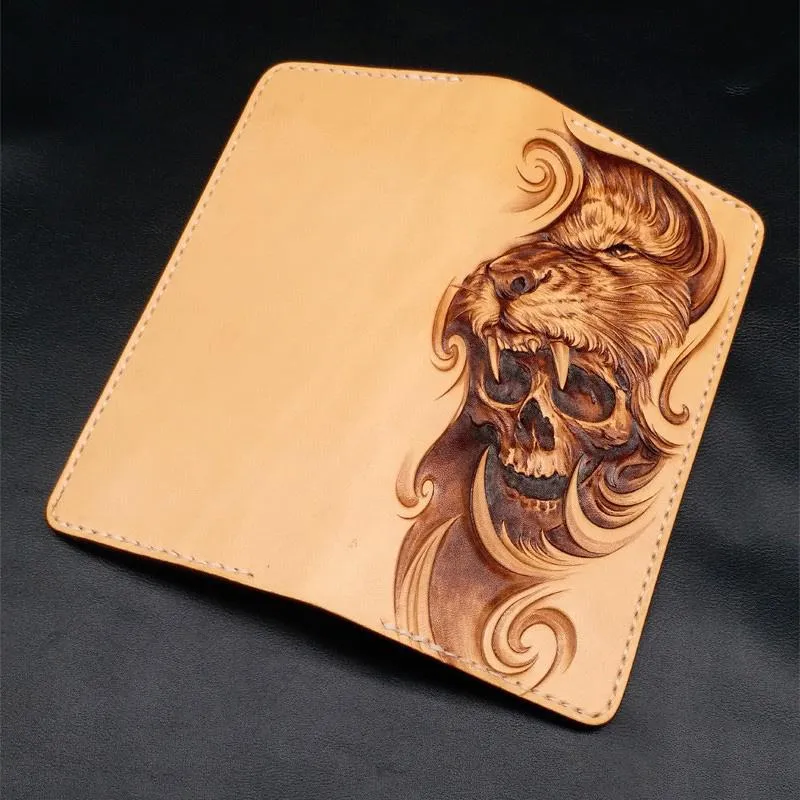 Beige Handmade Tooled Lion Skull Leather Mens Long Wallet Bifold Clutch For Men