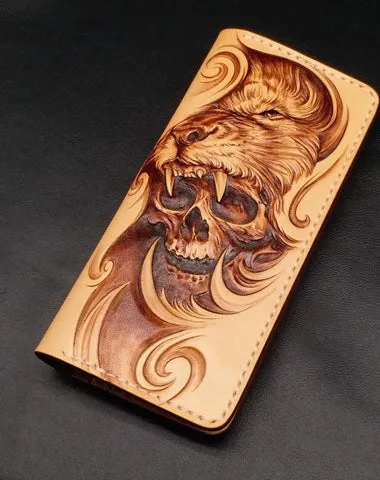 Beige Handmade Tooled Lion Skull Leather Mens Long Wallet Bifold Clutch For Men