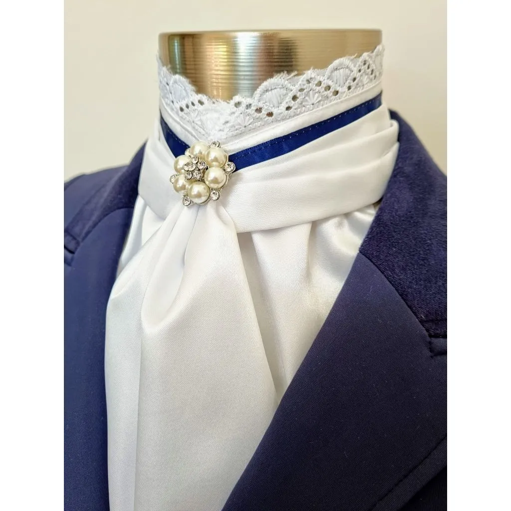 Belle Pre Tied Stock with Lace Frill and Navy Piping and Crystal and Pearl Pn