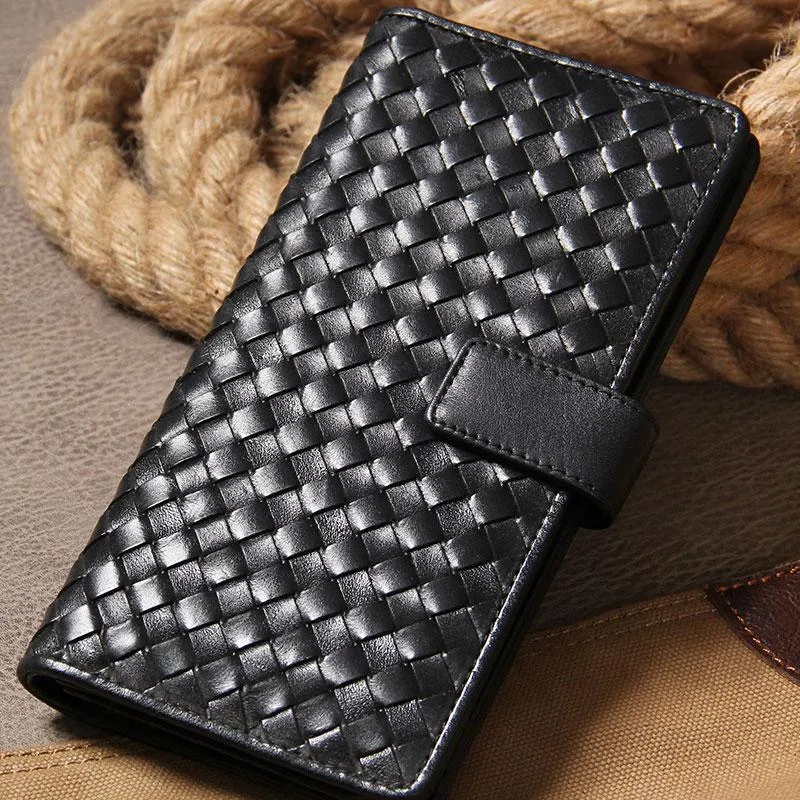 Black Braided Leather Mens Long Wallet Bifold Long Wallet for Men