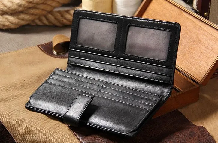 Black Braided Leather Mens Long Wallet Bifold Long Wallet for Men