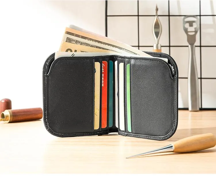 Black Cool Leather Mens Small Wallet Multicard Wallet Bifold Vintage Ultra Thin billfold Wallet for Men