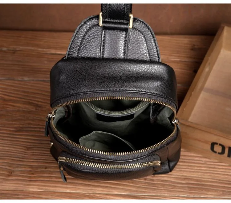 Black Leather Mens Cool Sling Bags Crossbody Pack Black One Shoulder Backpack Chest Bags for men