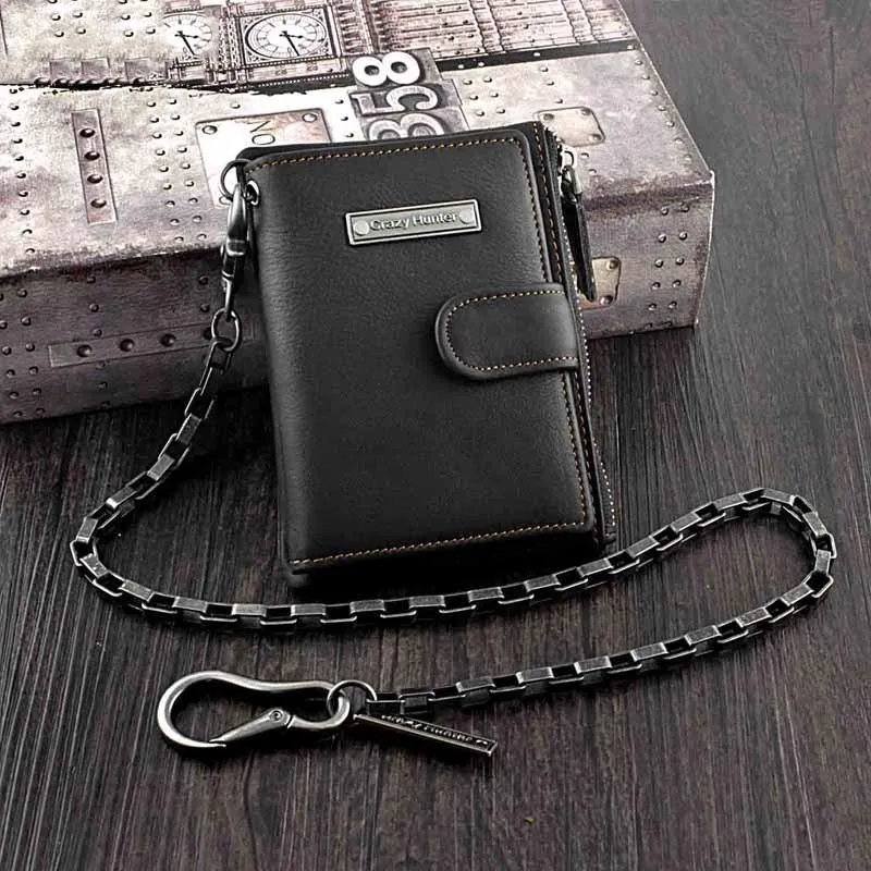 Black Leather Men's Small Biker Wallet Chain Wallet billfold Bifold Wallet with Chain Coin Purse For Men