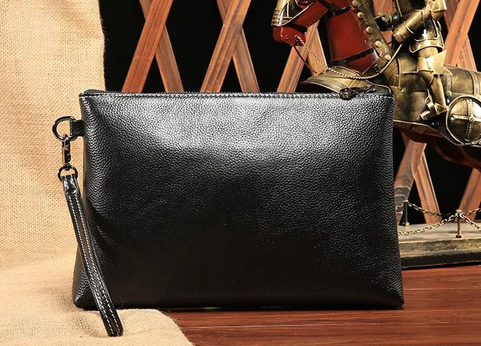 Black Leather Mens Wristlet Wallet Bag Zipper Clutch Wallet For Men