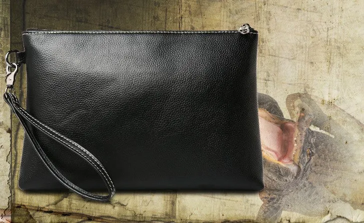 Black Leather Mens Wristlet Wallet Bag Zipper Clutch Wallet For Men