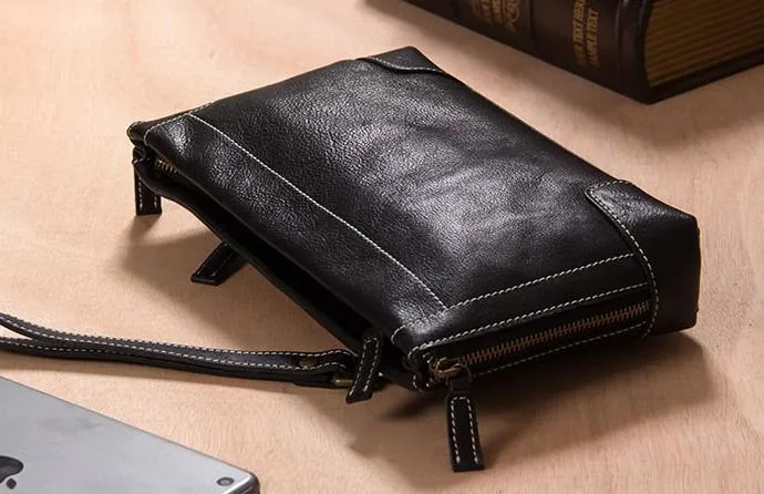 Black Leather Mens Wristlet Wallet Zipper Clutch Wallet for Men