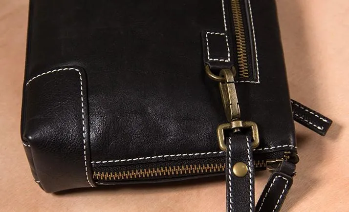 Black Leather Mens Wristlet Wallet Zipper Clutch Wallet for Men