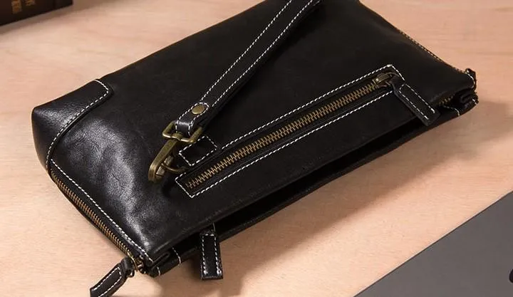 Black Leather Mens Wristlet Wallet Zipper Clutch Wallet for Men