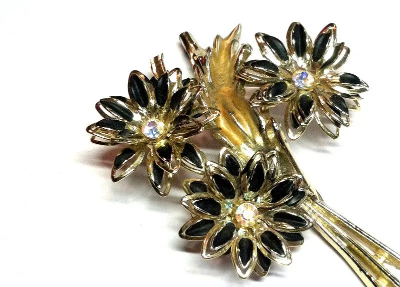 Black Petaled Gold Flower Bouquet Brooch w/ Rhinestones circa 1960s