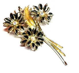 Black Petaled Gold Flower Bouquet Brooch w/ Rhinestones circa 1960s