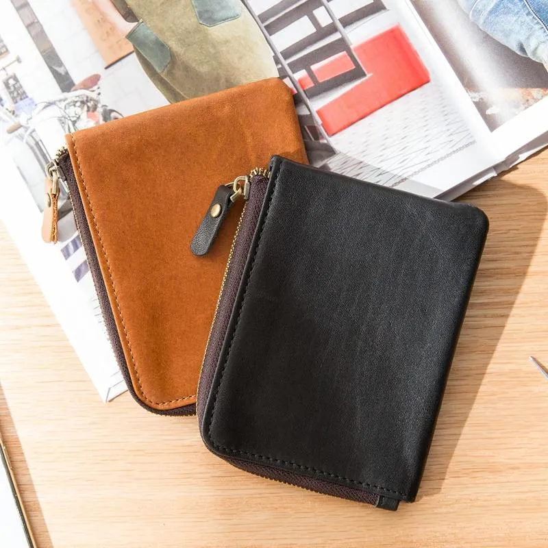 Black Soft Leather Mens Small Wallet Brown Coin Wallet Front Pocket Wallet billfold Wallet for Men