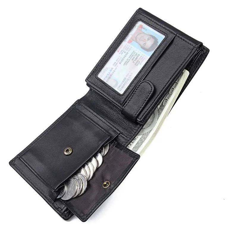 Black Trifold Leather Mens Wallet Small Wallet Billfold Wallet Black Front Pocket Wallet for Men